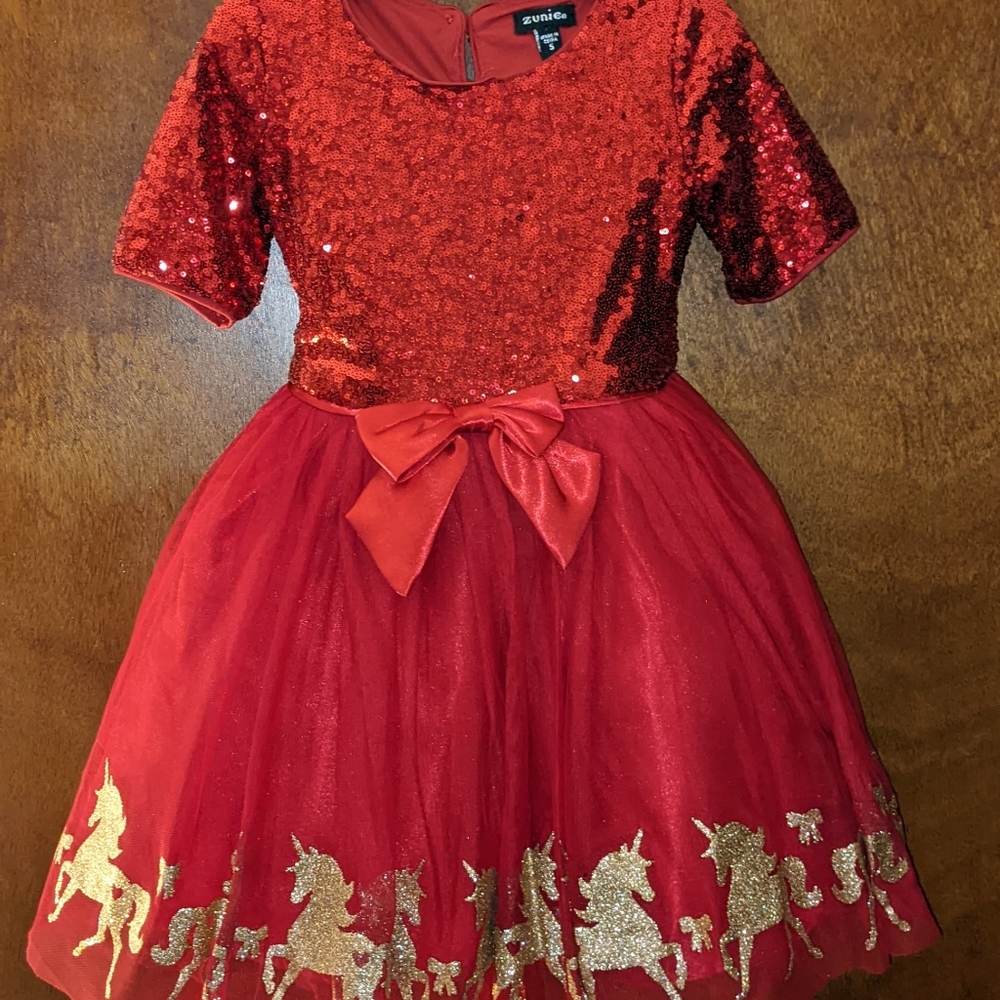 Toddler Girl Red Sequence Christmas Dress With Gold Unicorns